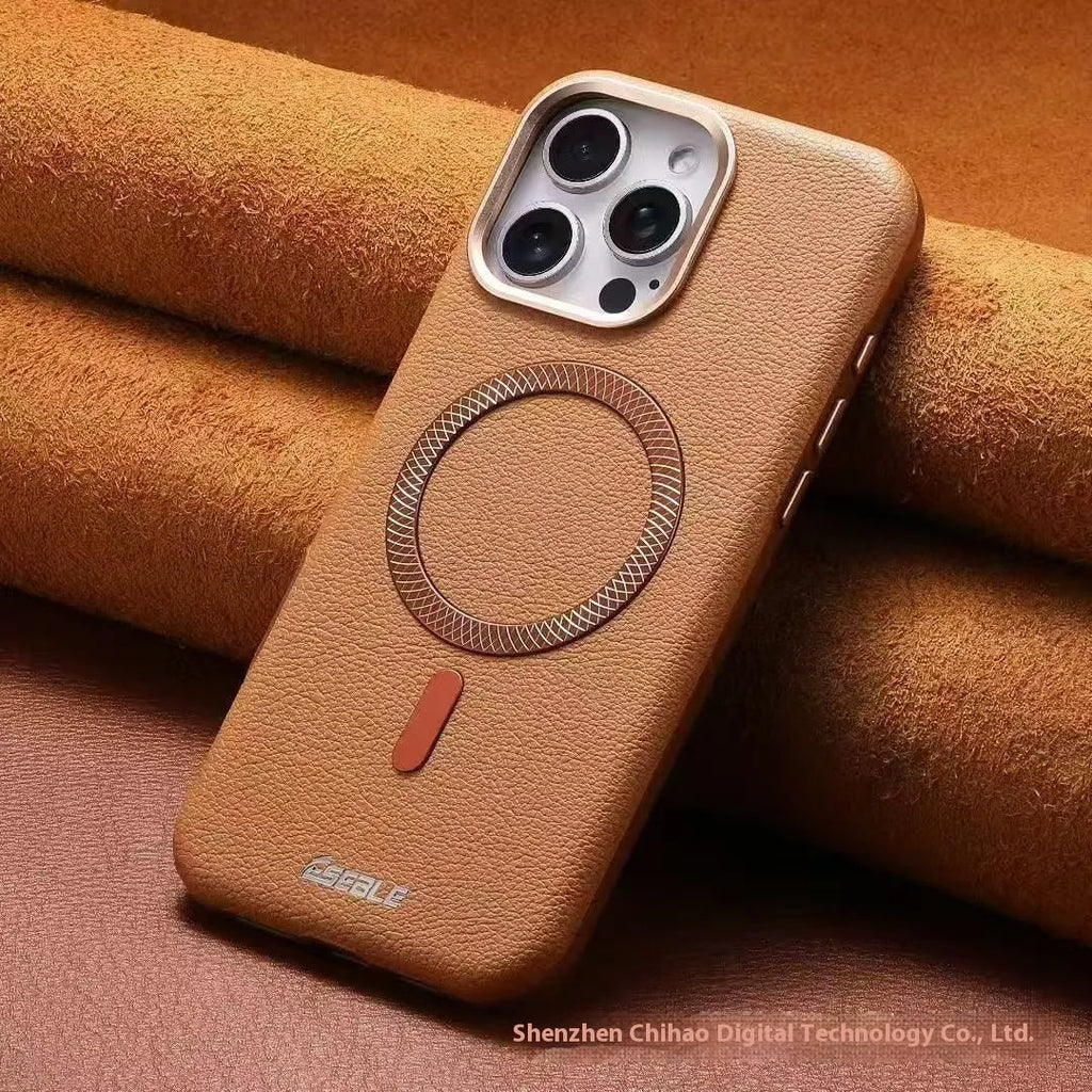 Triangle shield magnetic suction phone case in black for iPhone 15 drop-resistant leather cover