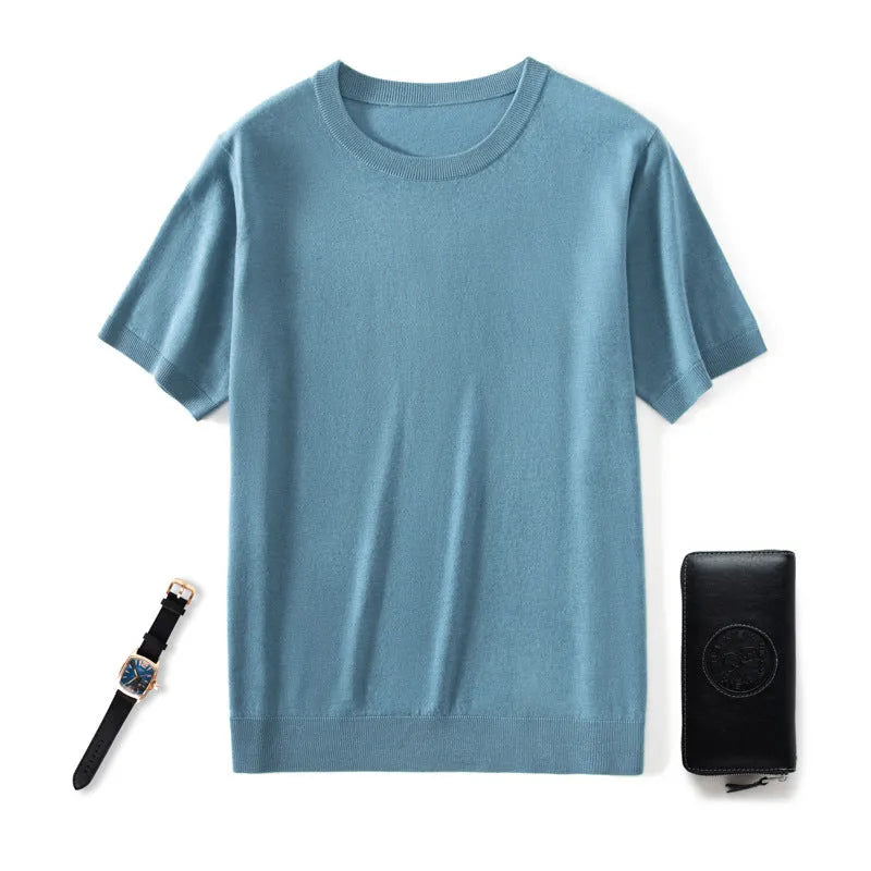Men's loose-fit knitted casual short sleeve shirt in a choice of eight colours including black, blue, and grey.