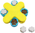 Yellow three-layer rotating dog puzzle feeder bowl with anti-slip base.
