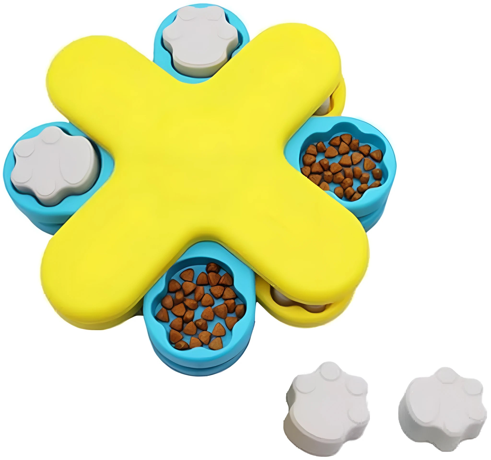 Yellow three-layer rotating dog puzzle feeder bowl with anti-slip base.