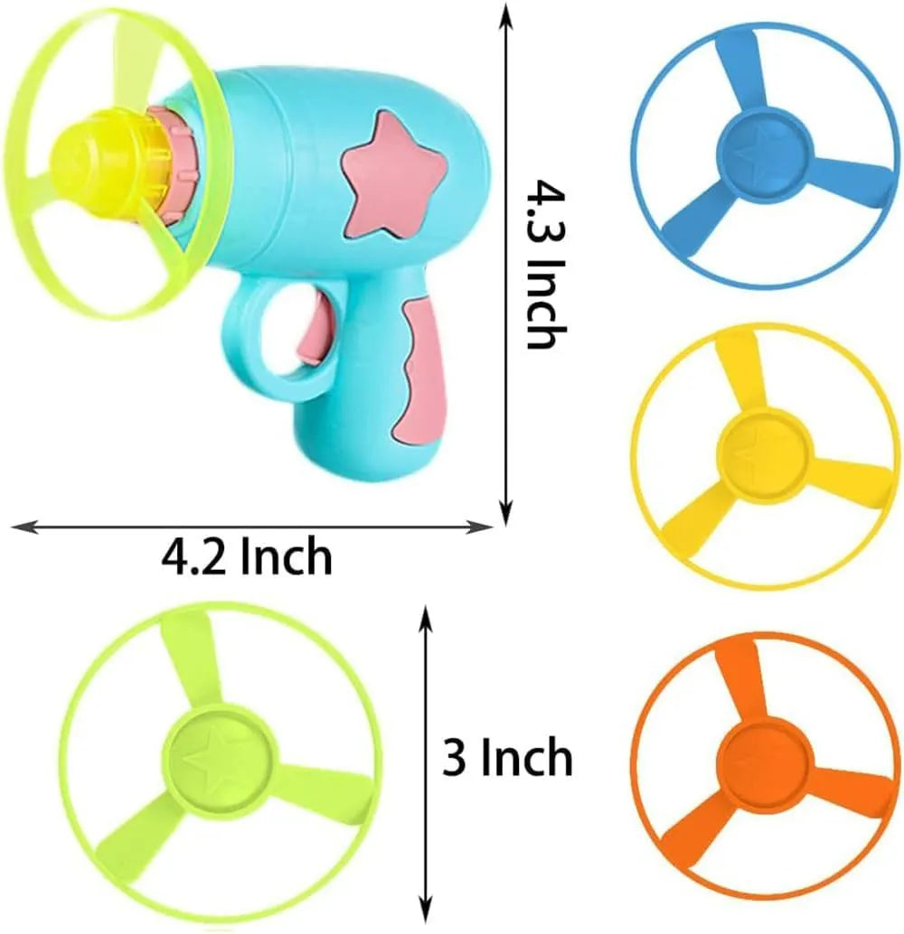 Blue interactive cat toy gun with plastic Frisbee on launch mechanism for indoor hunting play