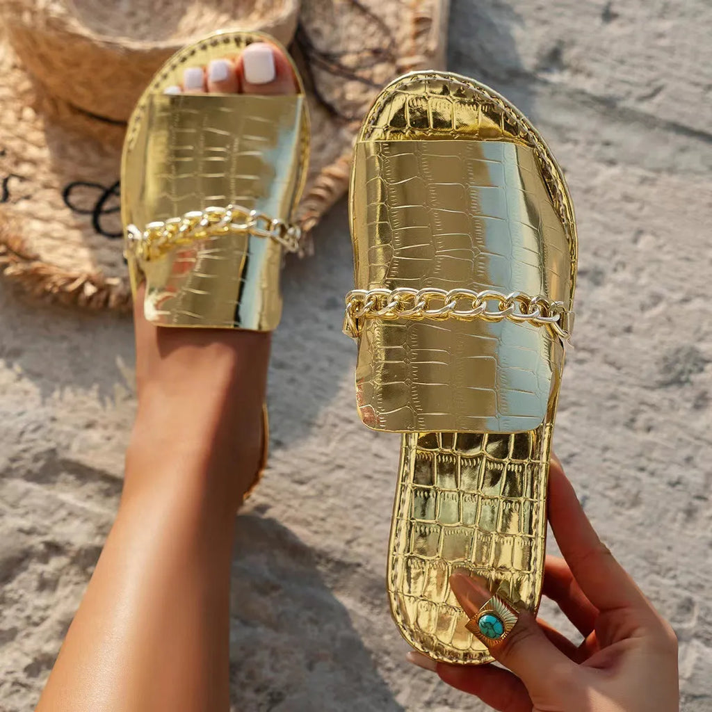 Pattern chains sandals women flat fish mouth slides summer casual beach slippers with artificial PU upper rubber sole