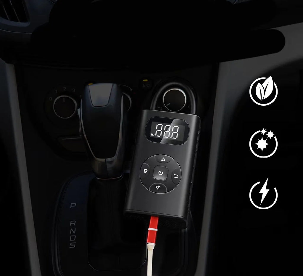 Black M09X portable air compressor power bank with digital pressure gauge and USB cable, 12x6.5x4.2cm aviation material