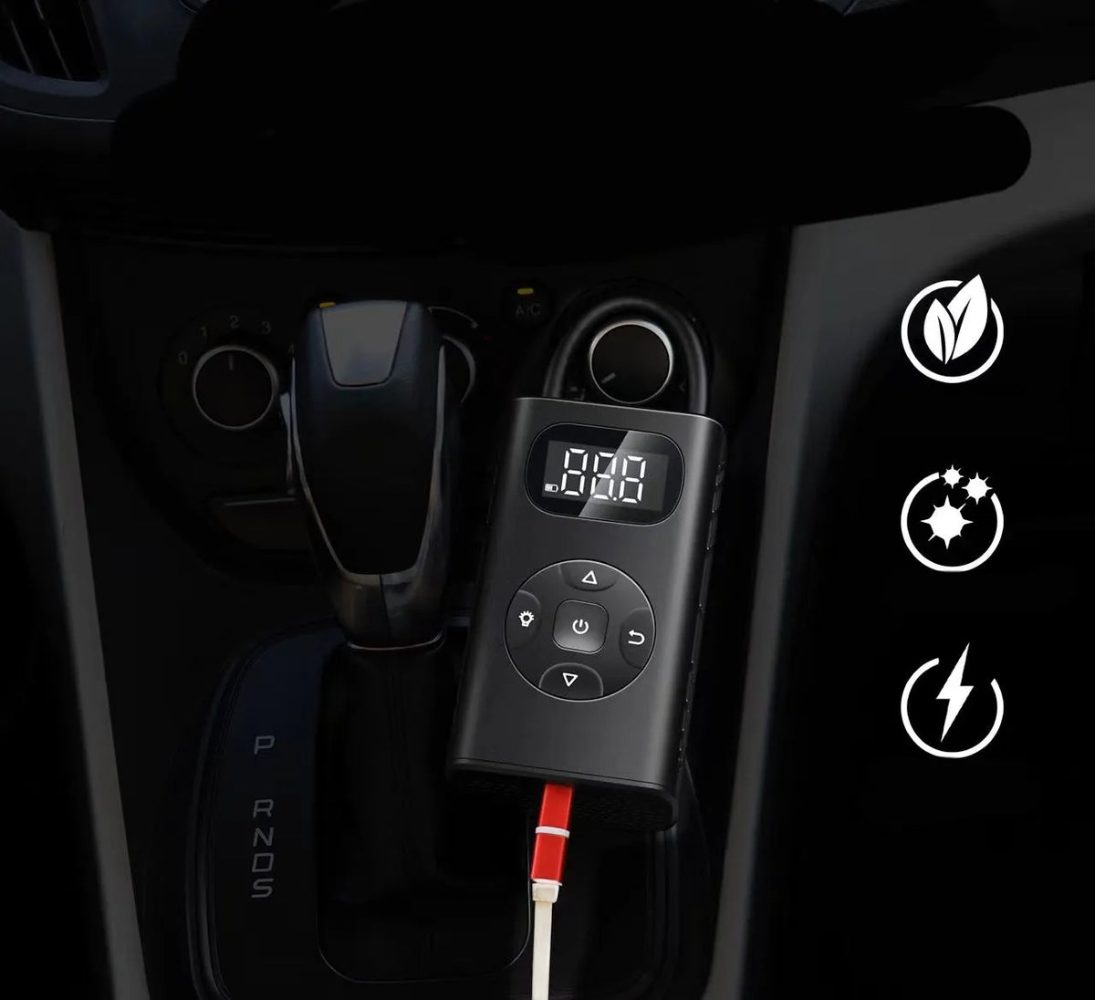 Black M09X portable air compressor power bank with digital pressure gauge and USB cable, 12x6.5x4.2cm aviation material