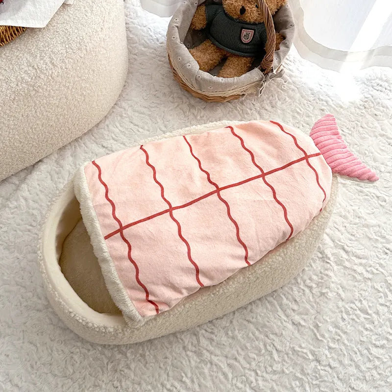 Sushi-shaped warm pet nest mattress with removable plush cover for cats and dogs