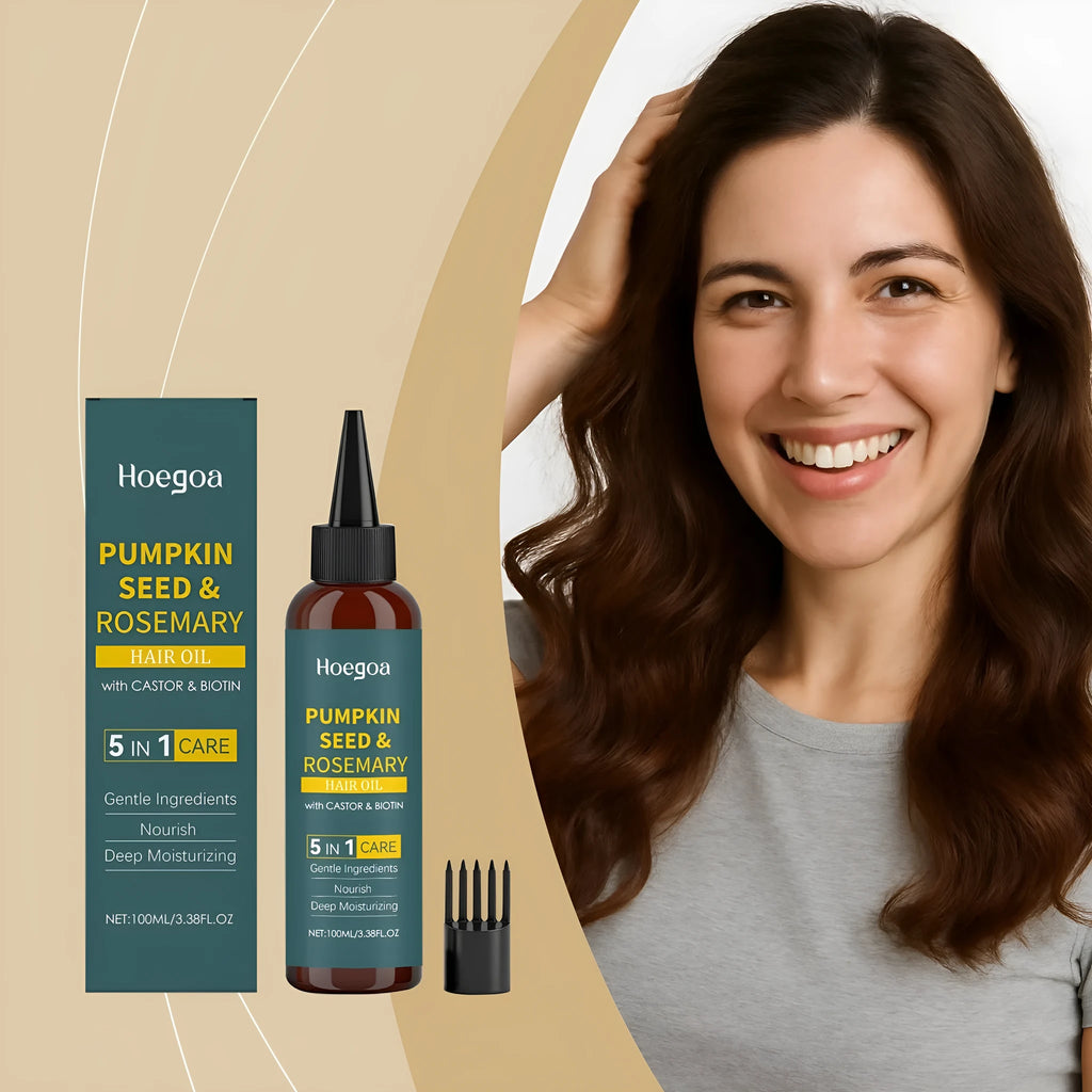 Rosemary essential oil hair care kit showing 100ml bottle, pointed nozzle, and wide-tooth comb.