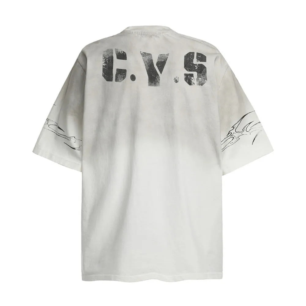 Men's black and white printed short-sleeved cotton T-shirt showing front design.