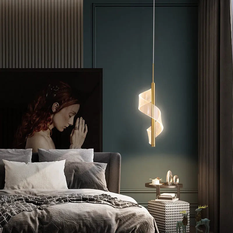 Modern simple bedside chandelier with iron frame and acrylic lampshade, LED light, available in black gold tricolour