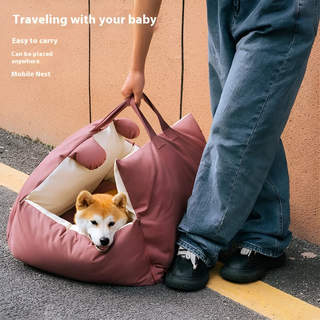 Removable washable dog car kennel in beige, shown in M and L sizes for vehicle travel.