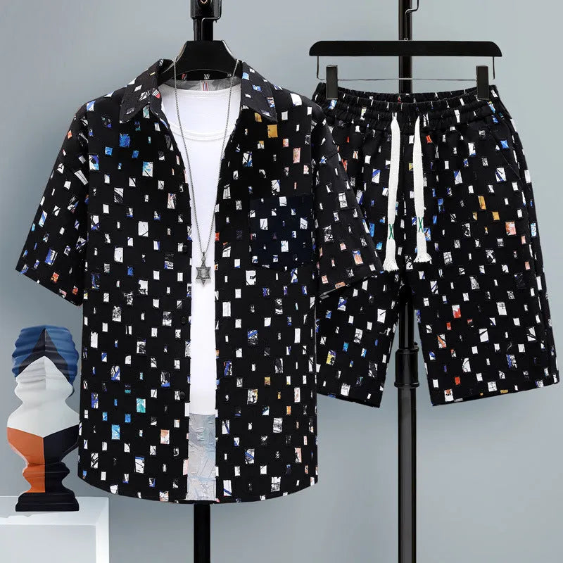 Men's casual polyester short sleeve top and matching shorts two-piece set in assorted colours