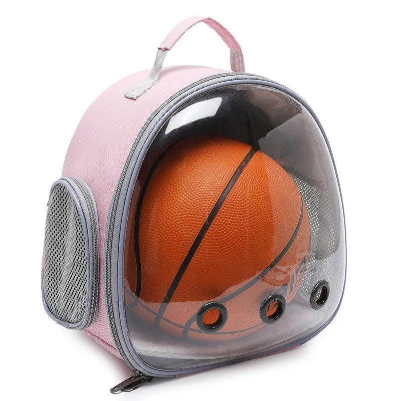 Pet backpack hamster carrier with clear bubble window in black showing side mesh vent
