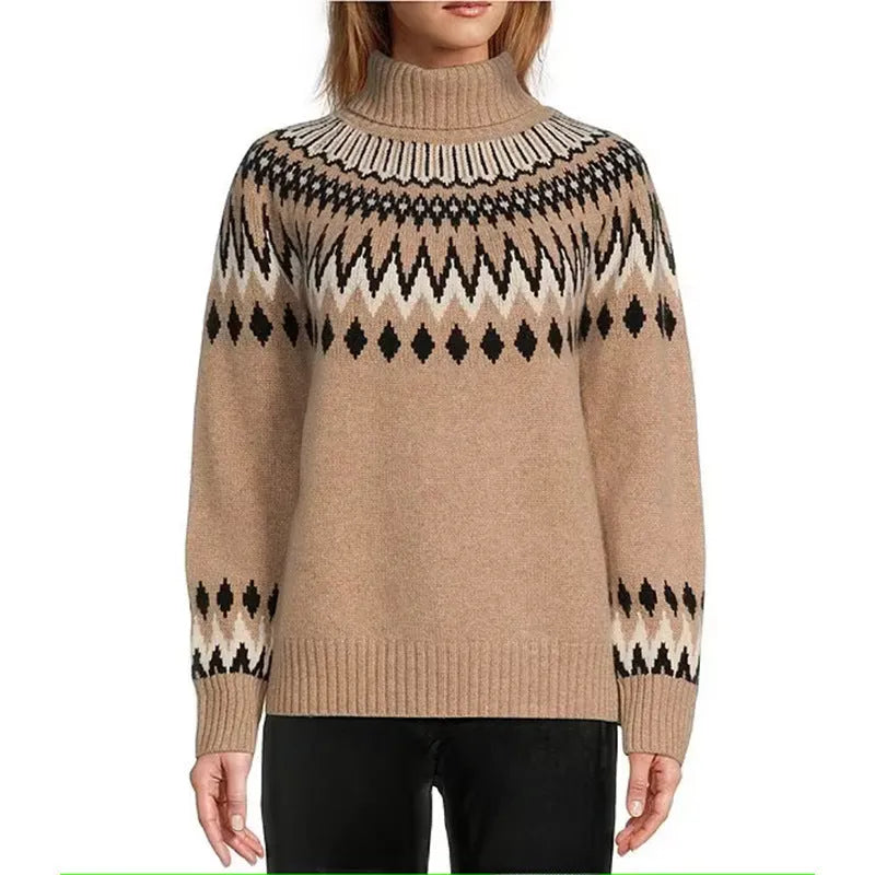 Women's knitted sweater in brown, acetate fibre jacquard pullover with long sleeves, front view