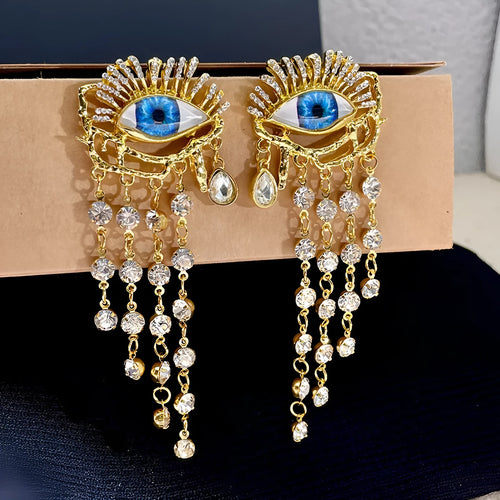 Gold plated artificial crystal zircon long tassel earrings with vintage eye design and Sterling Silver needle