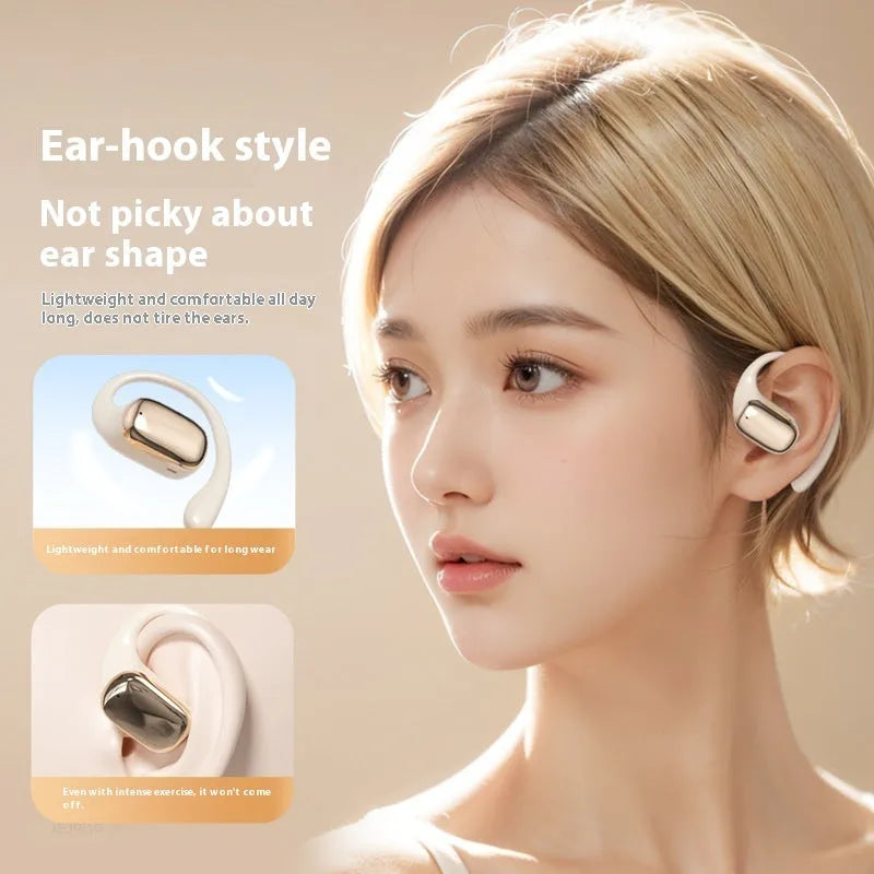 Ear-mounted wireless headphones with digital display screen in black, skin colour or white options