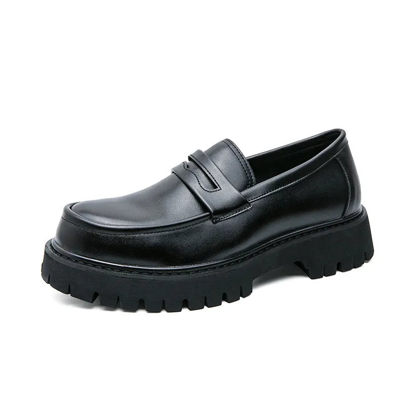 Black platform height-increasing loafers for men, solid colour, mid heel 3-5 cm, PU sole, matte finish