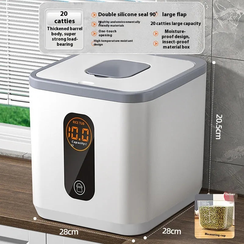 Grey plastic sealed rice storage jar with lid and a measuring cup, shown in three size options.