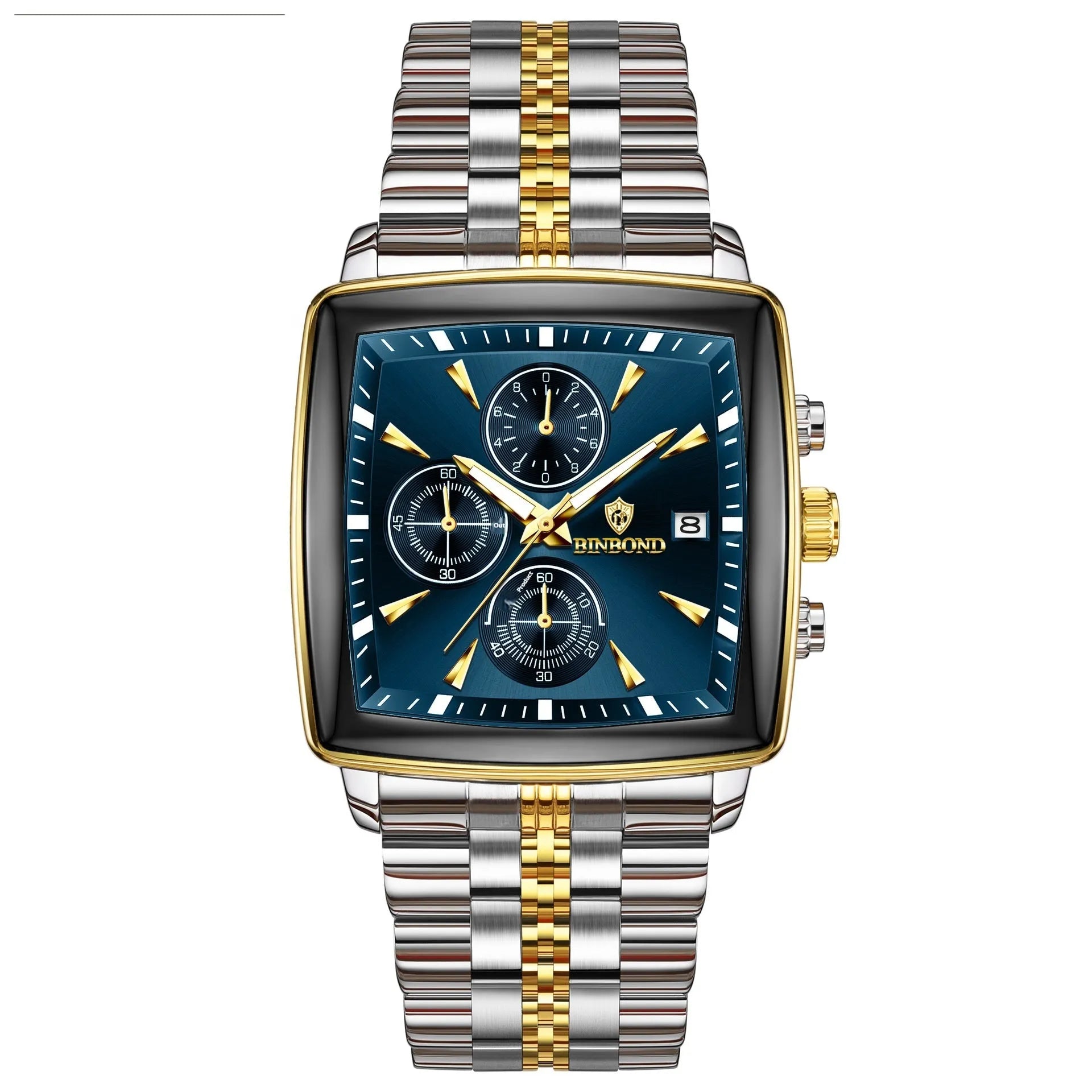 Men's rectangular quartz watch with luminous dial, stainless steel strap, and metal case in business styling
