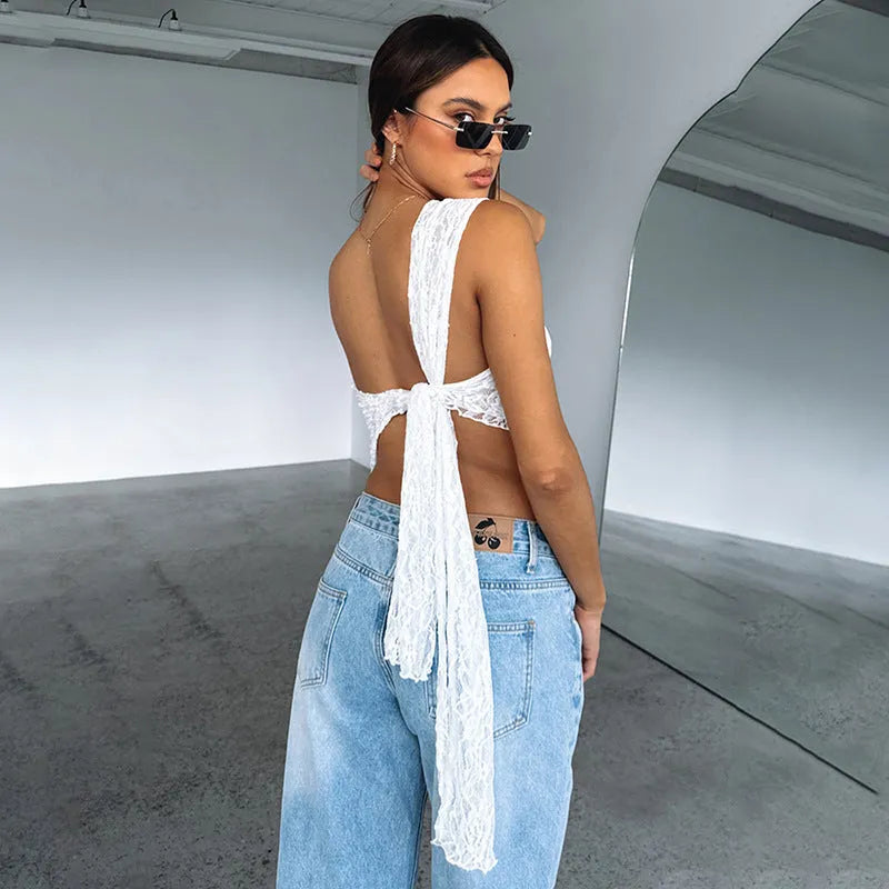 Women's backless lace sleeveless top with asymmetrical neckline in solid colour streetwear style