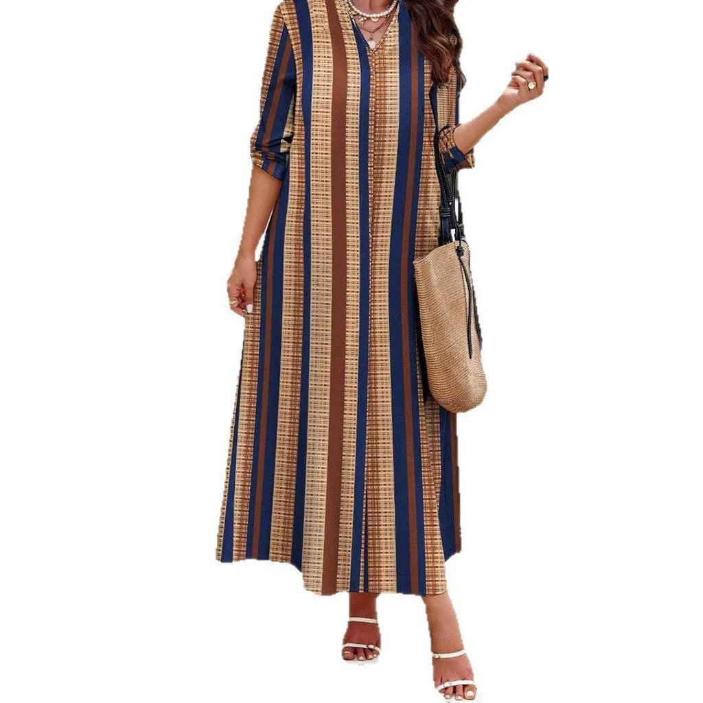 Camel coloured women's vertical striped V-neck long dress with A-line skirt and long sleeves