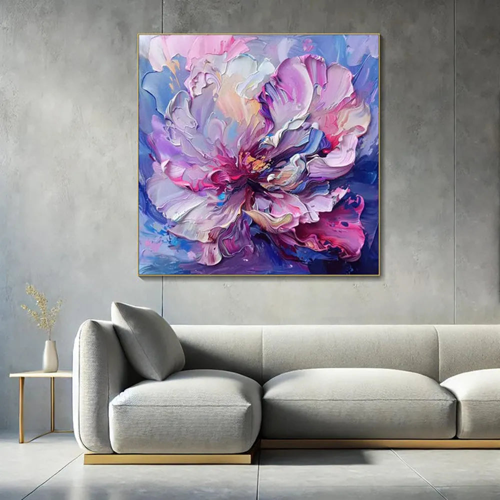 Handmade oil painting canvas wall art abstract big purple flowers square frameless unstretched