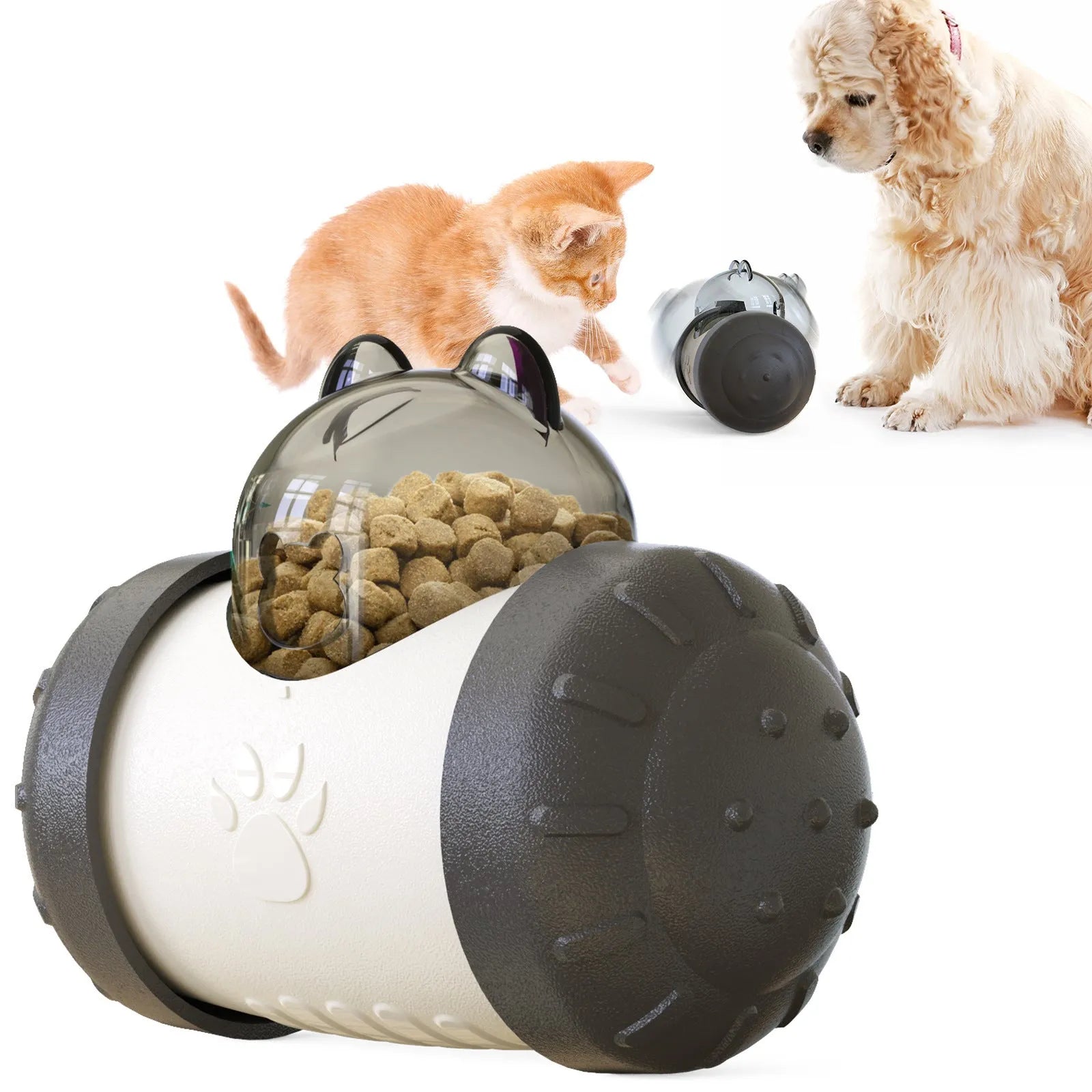 Interactive treat dispensing dog toy in green, self-standing tumbler design for slow feeding, food-grade ABS material