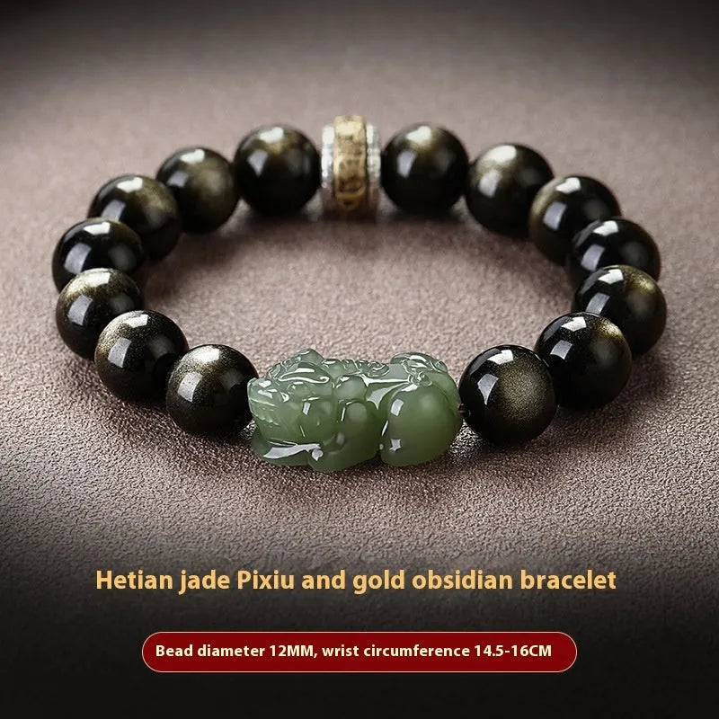 Natural rainbow eye obsidian bracelet in gold obsidian or jade Pi Xiu designs with crystal beads