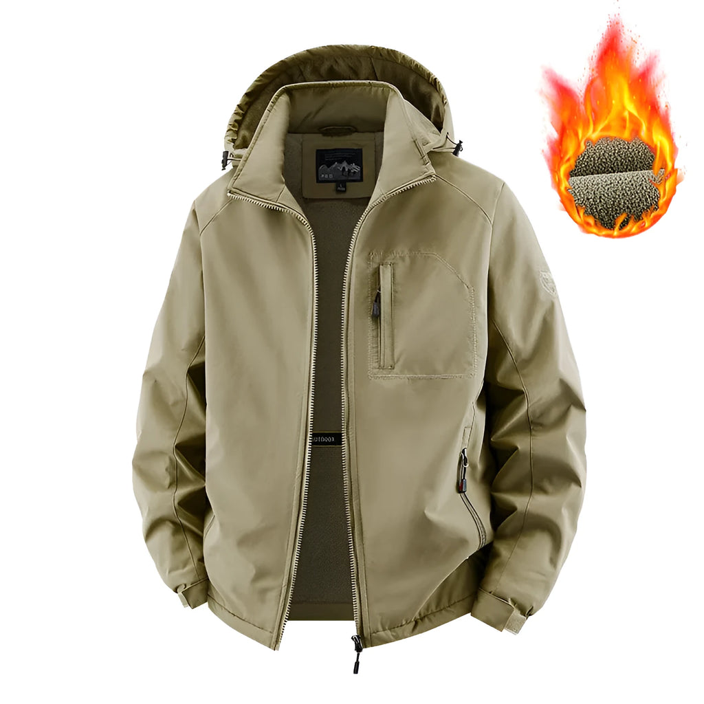 New men's detachable hooded thickened cotton jacket with fleece lining in army green, polyester construction, straight hem