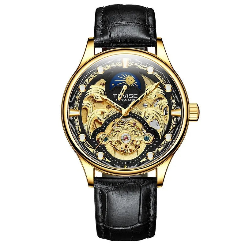 Men's gold leather strap automatic watch with waterproof 16mm case