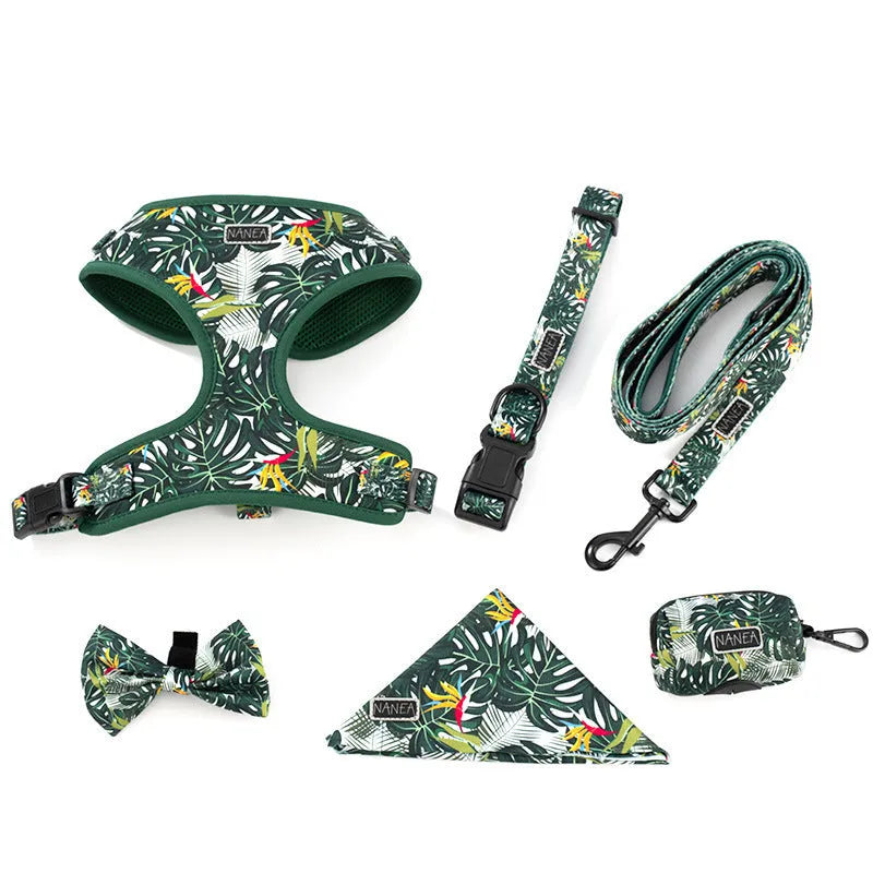 Adjustable cloth dog harness set with haulage rope, collar, waste bag, bow tie, and triangular scarf accessories