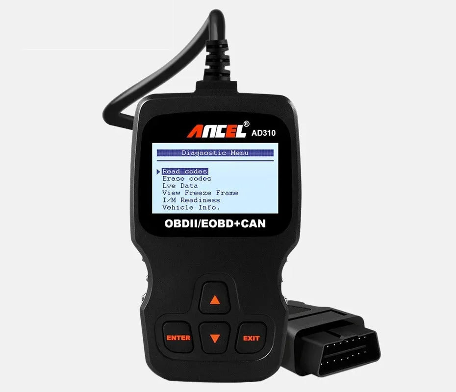 Black universal OBD2 car diagnostic scanner with engine fault detection capability