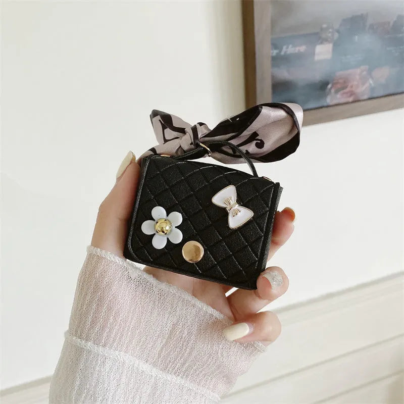 Korean Style Silk Scarf Earphone Bag for AirPods, Pink Faux Leather DIY Soft Shell Case