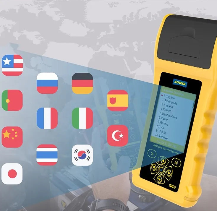 Autool BT760 vehicle battery tester with colour screen and built-in thermal printer for 12V 24V diagnosis