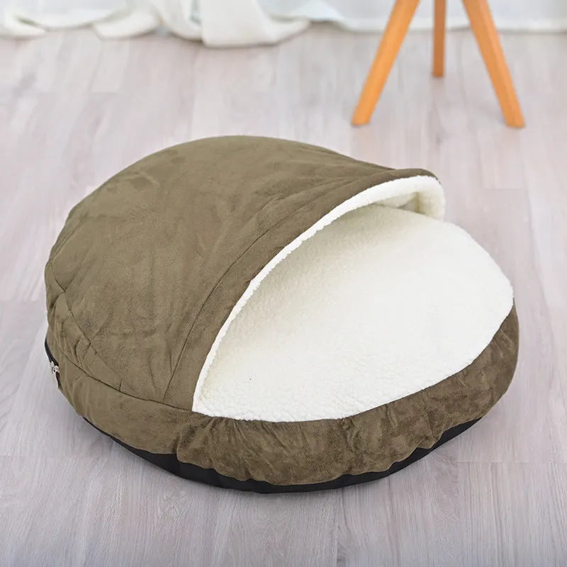 Brown and grey cloth dog kennel with removable washable cover for small to medium-sized dogs