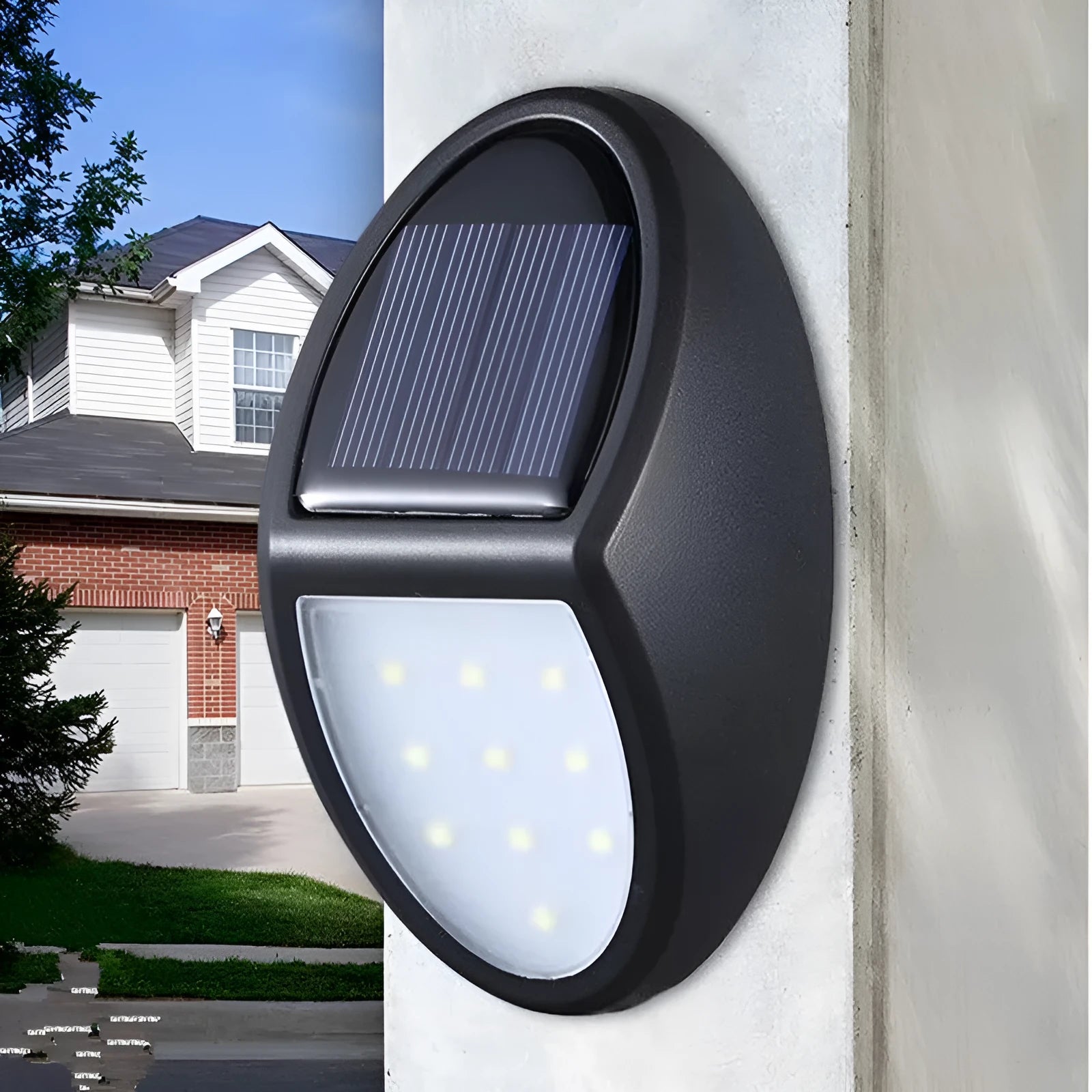 Black rectangular LED solar wall light with integrated solar panel on top