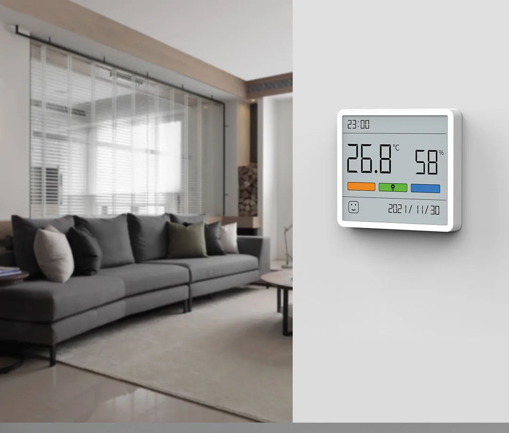 Mini digital clock hygrograph with ABS body, PMMA screen, temperature and humidity display, stand and adhesive mount options
