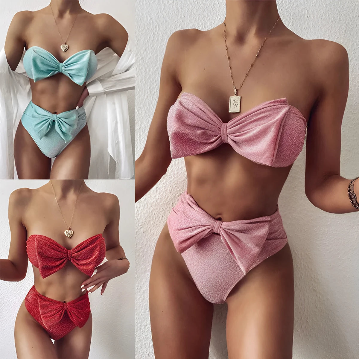Split bright silk bikini set in solid red with chest pad and steel drag support, nylon spandex lining