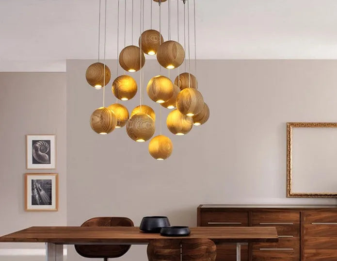 Nordic wood solid wood ball chandelier with adjustable drop and wood disc base