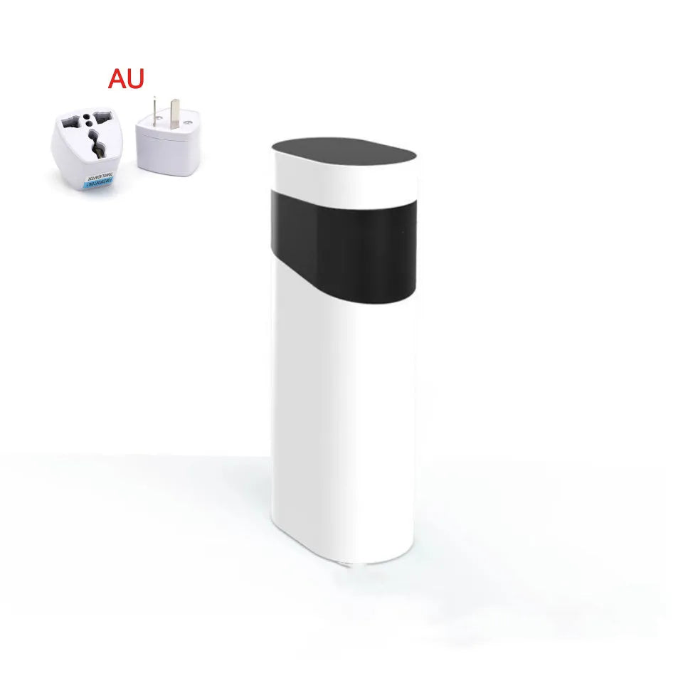 Black portable instant water dispenser with digital display on a wooden desktop.