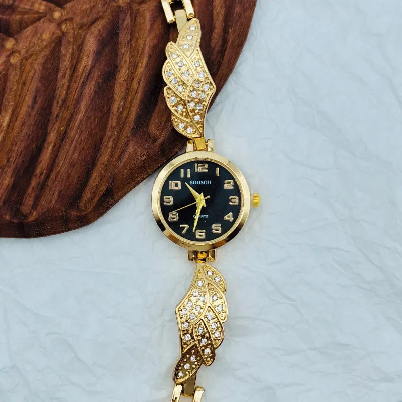 Ladies stainless steel watch with round dial and 9mm thickness in gold, black gold, or white gold