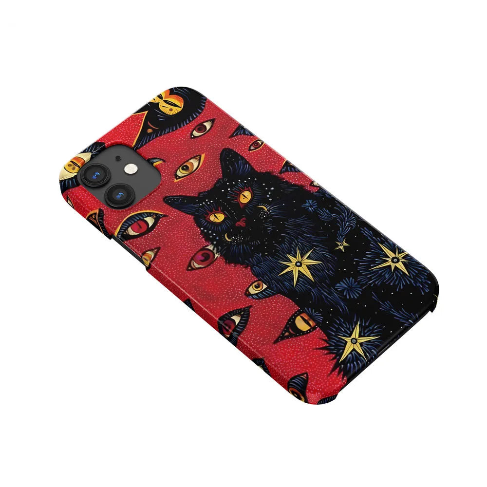 Retro cat eye design hard shell phone case for IPhone on a table, showing frosted and glossy finish options.