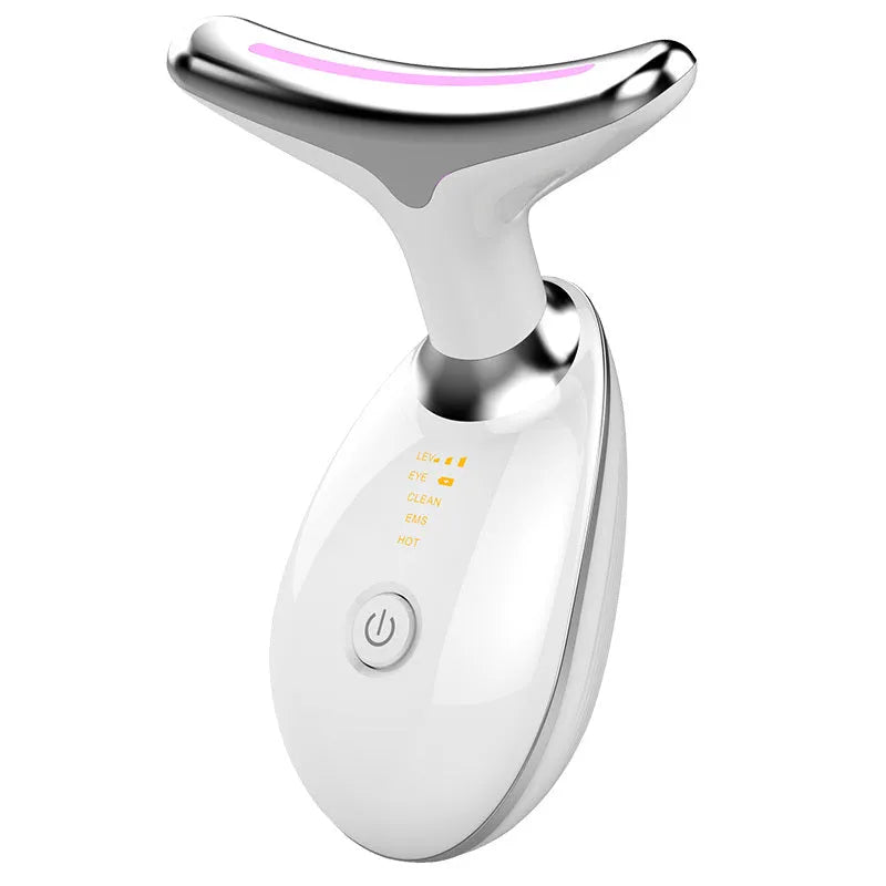 Black and silver EMS thermal neck lifting massager with LED lights for wrinkle reduction and skin tightening.