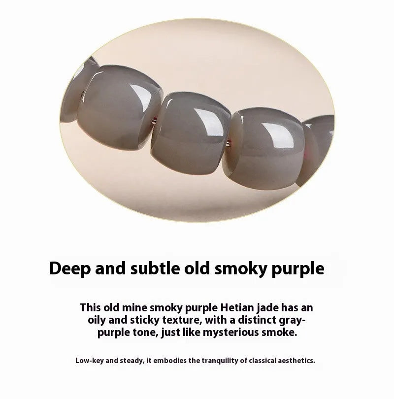 Smokey violet Hetian jade straight cut bracelet with 8x9mm beads on wrist