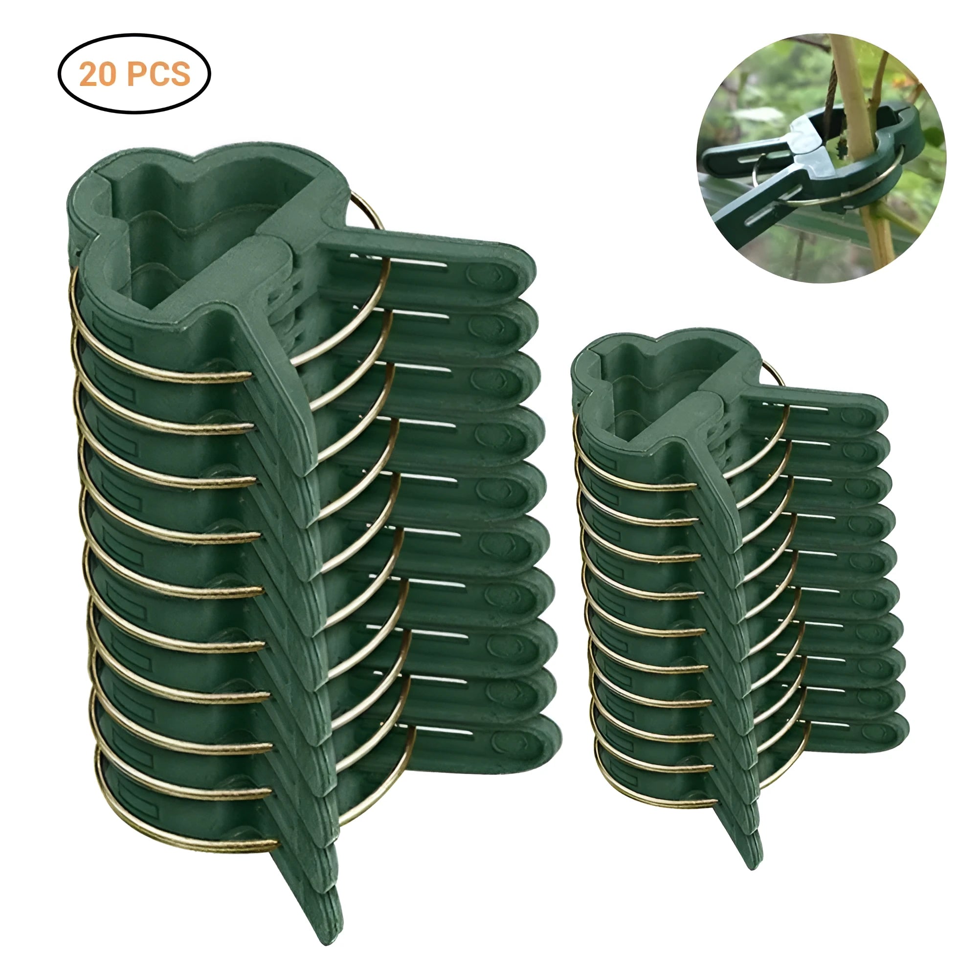 Green plastic and zinc plant fixing clips, showing large and small sizes for garden vine support.
