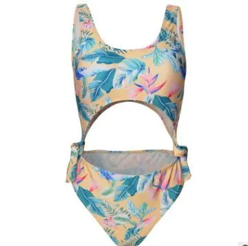 Women's conjoined one-piece floral swimsuit in blue with chest pad, no underwire, conservative style
