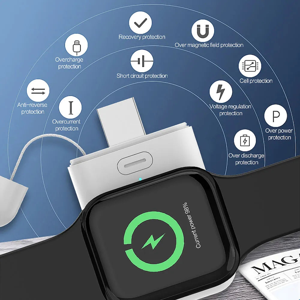 White mini magnetic portable charger for Apple Watch next to an Apple Watch on a table.