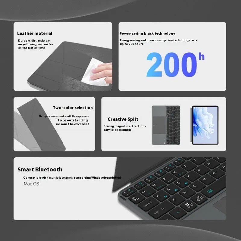 Grey wireless Bluetooth folding keyboard shown open and folded for use with phones and tablets