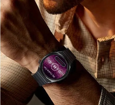 Smartwatch with black or silver case and choice of silicone, leather, or stainless steel strap on wrist
