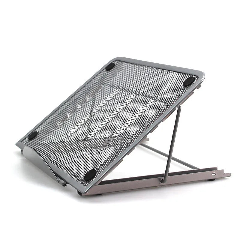 Adjustable cold-rolled steel laptop and tablet stand in black, shown in a raised position.