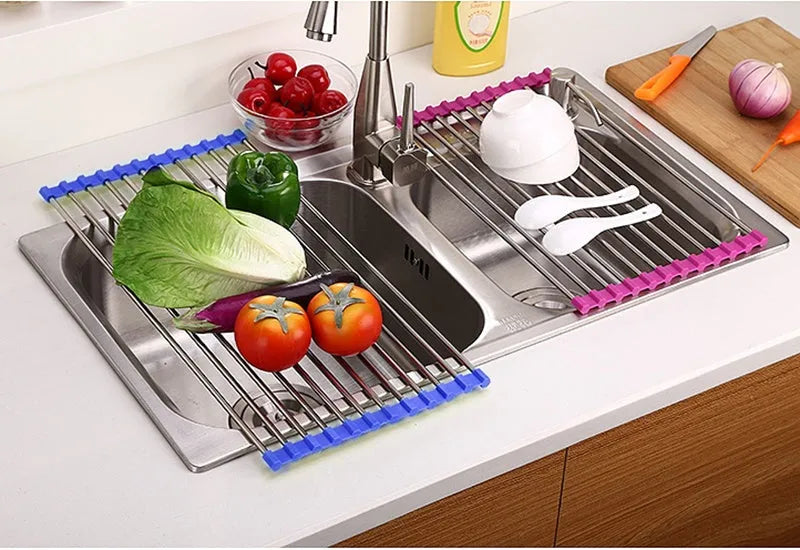 Stainless steel folding kitchen sink drain rack shown in a choice of colours