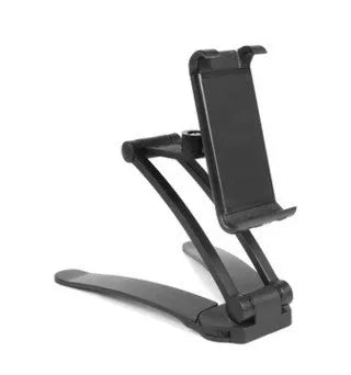 Silver aluminium alloy desktop tablet stand with adjustable holder and white mounting base on a wooden table.
